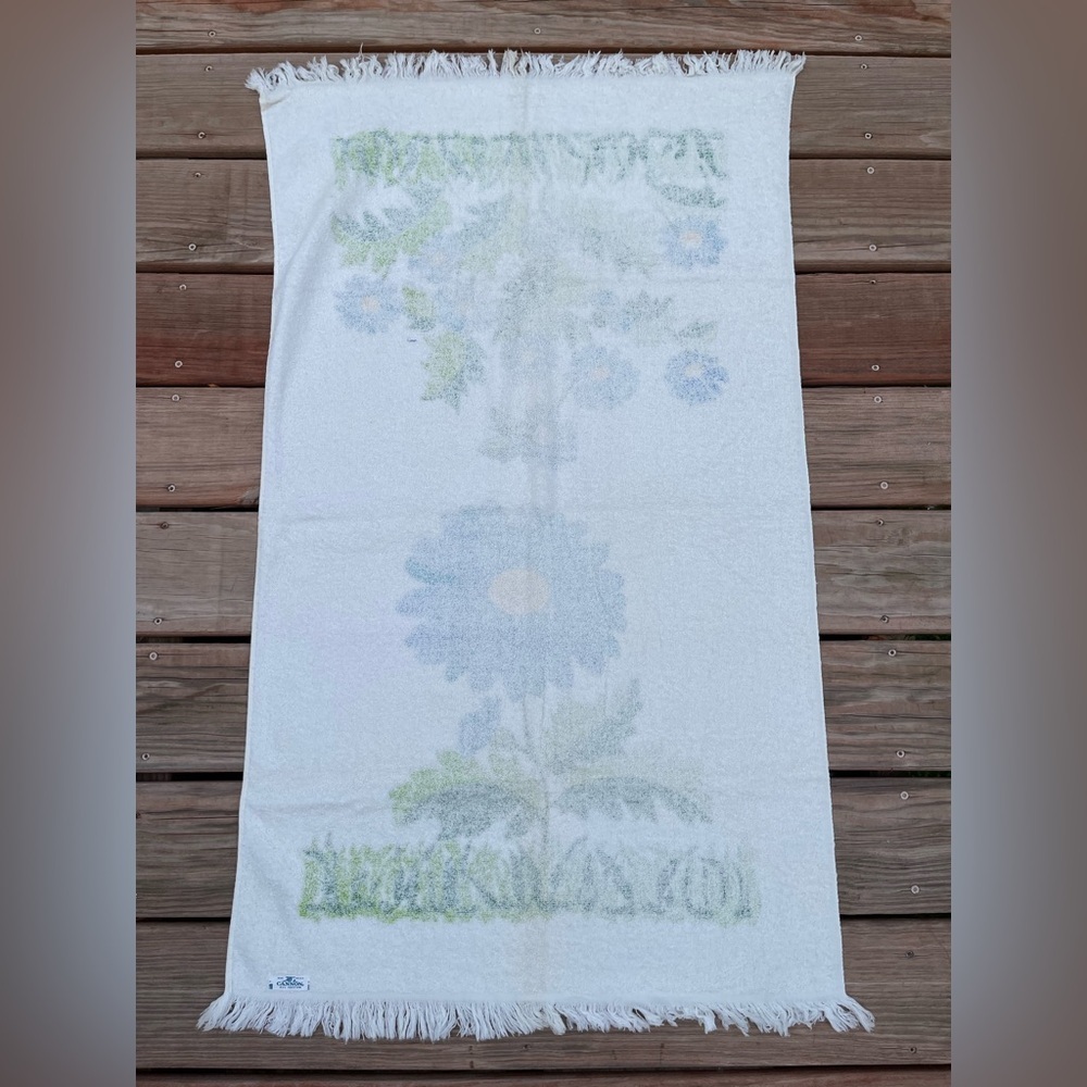 Vintage Cannon Bath Towel Lot 70s Retro Hydrangea Iris Daisy Floral Fringe MCM - Picture 12 of 16